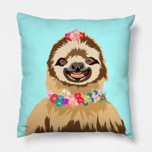 Happy Smiling Positive Sloth with Wildflowers Pillow