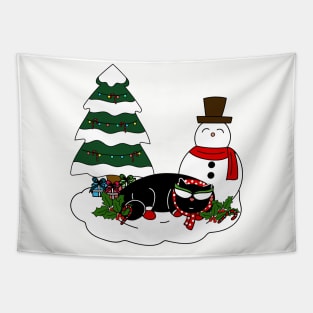 Winter Cat with Christmas Tree and Snowman Tapestry