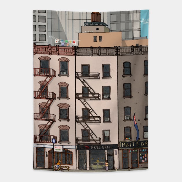 Upper Manhattan New York City USA Whimsical Illustration Tapestry by Wall-Art-Sketch