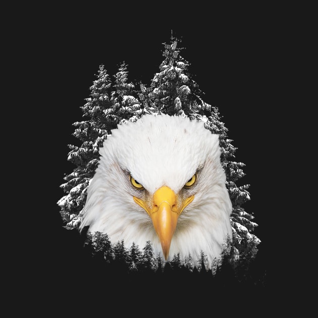 Great bald eagle head in background of snowy pine trees by Ariela-Alez