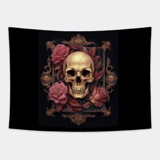 Eternal Beauty: Skull and Rose Illustration in Rococo Realms Tapestry