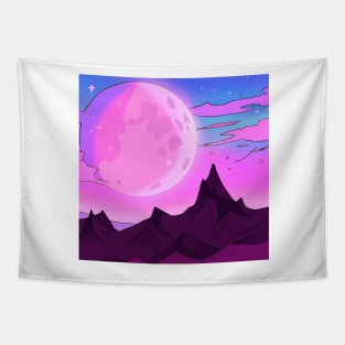 Mesmerizing Pink and Purple Moon Over Majestic Mountain Range Tapestry