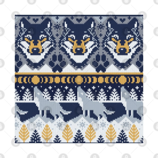 Fair isle knitting grey wolf // pattern // navy blue and grey wolves yellow moons and pine trees by SelmaCardoso