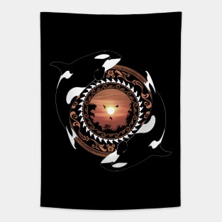 Twin Orcas on Polynesian Sunset Tapestry