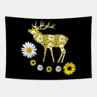 deer of sunflowers and daisies red deer floral pattern Tapestry