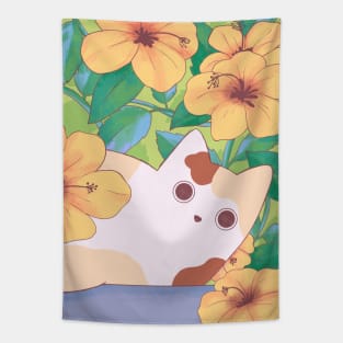 Floral Botanical Tropical Flowers Cute Calico Cat Tapestry