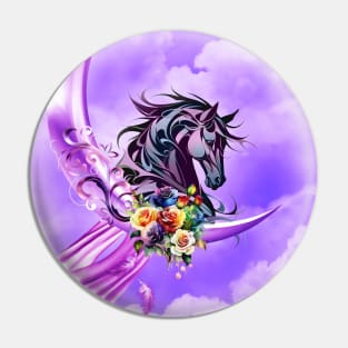 Elegant colorful wild horse with flowers on a moon Pin