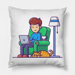 Male working on computer with cat cartoon Pillow