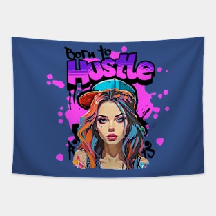 Born to Hustle (dirty girl hair and cap, neon text) Tapestry