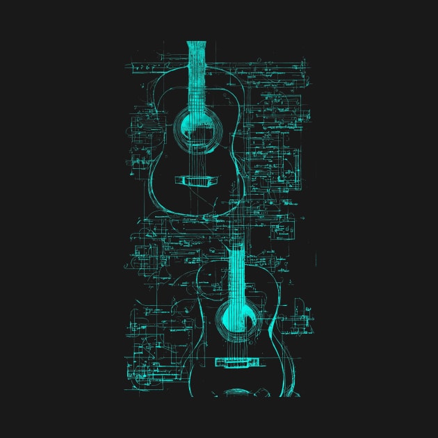 Teal Neon Acoustic Guitar Da Vinci blueprint Acoustic Guitar by Trip Tank