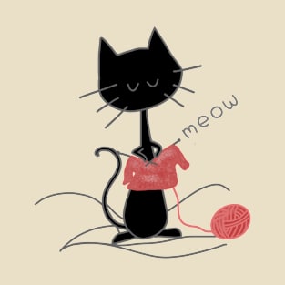 Black Knitting Cat - Creme T-Shirt