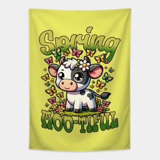 Cute Cow With Butterflies Spring Mood Tapestry