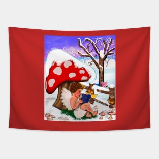 Bookworms mushroom - Snow covered mushroom covering Little bookworm angel boy cherub reading a book - tranquil winter scenery Tapestry