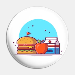 Burger with Milk, Flag, and Apple Fruit Cartoon Vector Icon Illustration Pin