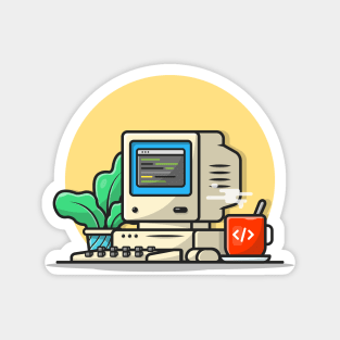 Old Computer Desktop with Coffee and Plant Cartoon Vector Icon Illustration Magnet