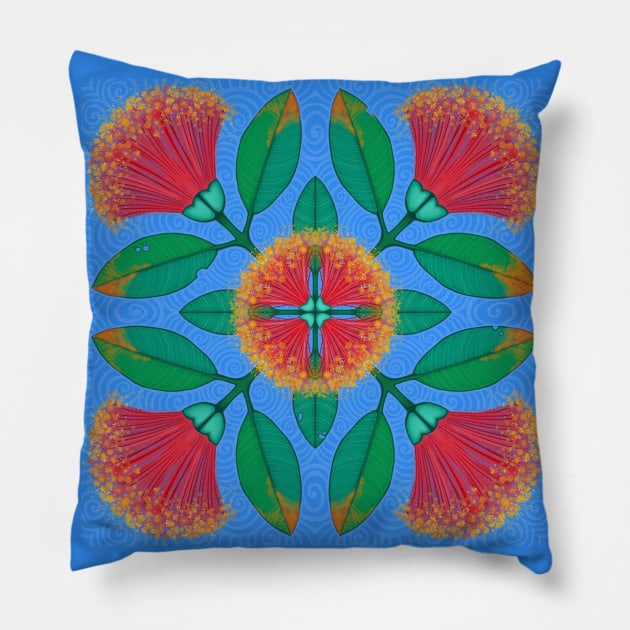 Pohutukawa Summer - blue sky Pillow by AprilAppleArt