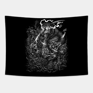 Mutant Tiger and samurai warrior ( black and white ) Tapestry