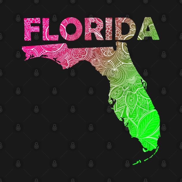 Colorful mandala art map of Florida with text in pink and green by Happy Citizen