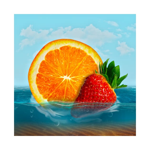 Orange and strawberry in water, strawberry dropped into blue ocean by vocej