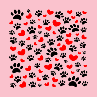 Black Dog Paws Red Hearts Pattern On Pink T-Shirt