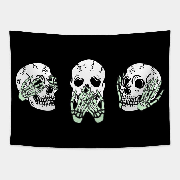 Three Skull Faces with Green Skeleton Hands Covering Eyes, Mouth, and Ears, made by EndlessEmporium Tapestry by EndlessEmporium