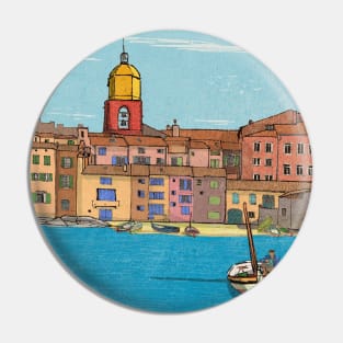 Harbour View St Tropez France Retro Inspired Style Illustration Pin