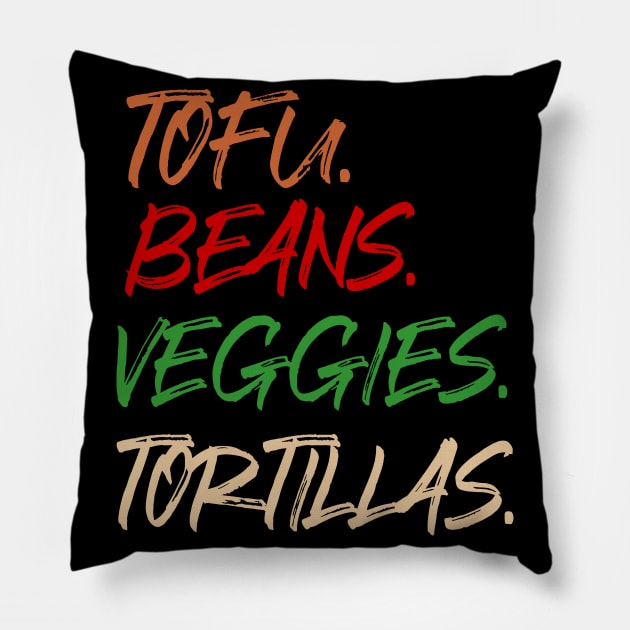 Tofu. Beans. Veggies. Tortillas. Grunge vegan burrito ingredients Pillow by Rocky Ro Designs