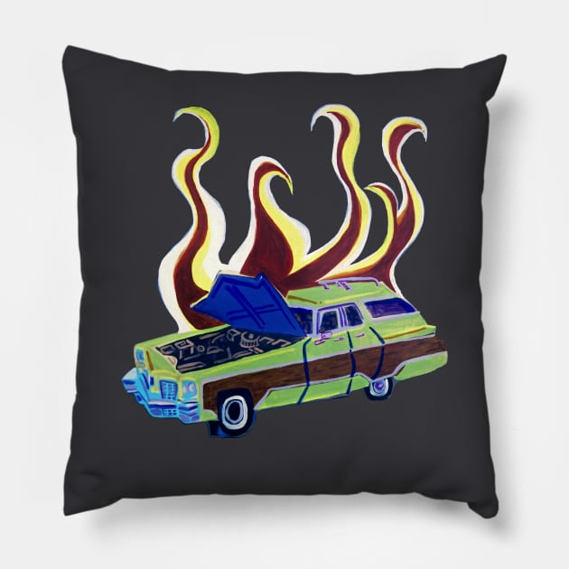 Flaming Station Wagon Pillow by SPINADELIC