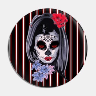 Red White and Black Striped Graphic & makeup mask,floral,flower skull Pin