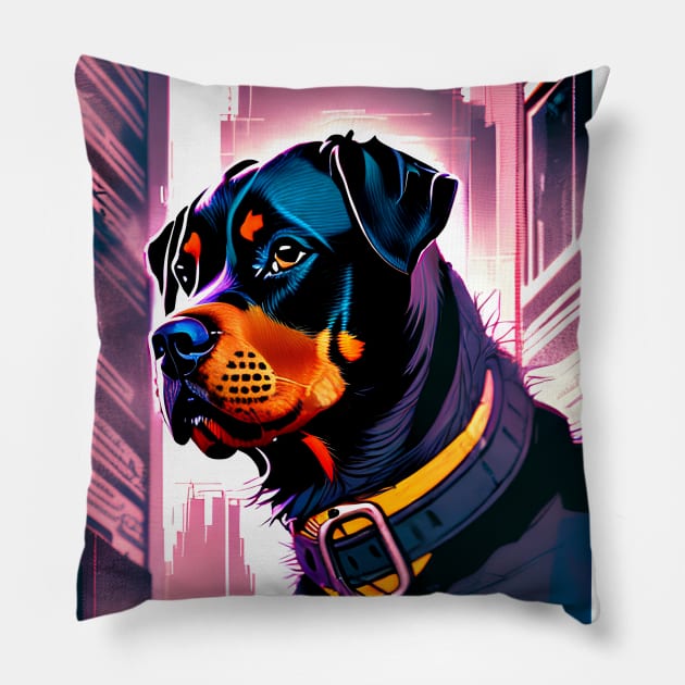 Rottweiler In Futuristic City Pillow by Trip Tank