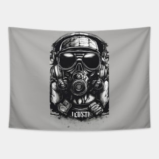 Sonorous Sentinel, Gas Mask Headphones Greyscale Tapestry