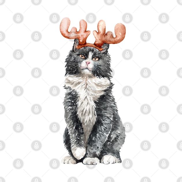 Funny Watercolor Black & White Cat with Moose Horns by labatchino