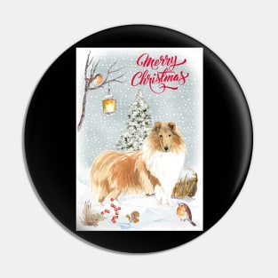 Rough Collie Dog Merry Christmas Santa Dog Pin