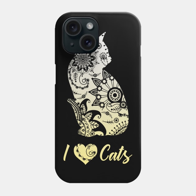 I love Cats Shirt Cat Mommy Mandala Yellow Kitten Lover Phone Case by ELFEINHALB