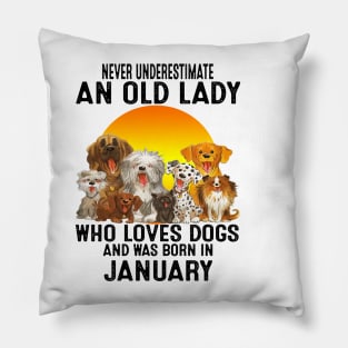 Never Underestimate An Old January Lady Who Loves Dogs Pillow