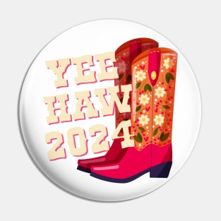 A pair of cowboy boots decorated with flowers and a hand lettering message Yeehaw 2024. Happy New Year colorful hand drawn vector illustration in bright vibrant colors. Greeting card design. Pin