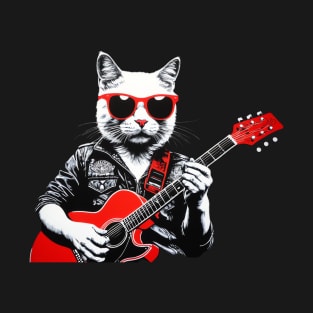 Funny Cat wearing sunglasses playing Guitar Guitarist T-Shirt