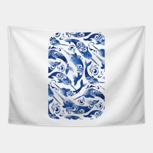 Whimsical Navy Blue Nursery Narwhals Tapestry