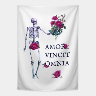 Amor Vincit Omnia skeleton and roses white Tapestry