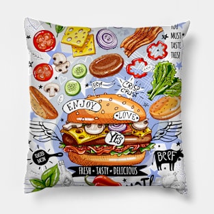 Food poster, fast food, cooking, burger, hamburger, cheeseburger Pillow