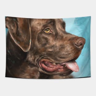 Painting of a Chocolate Labrador with Its Tongue Out, Blue Background Tapestry