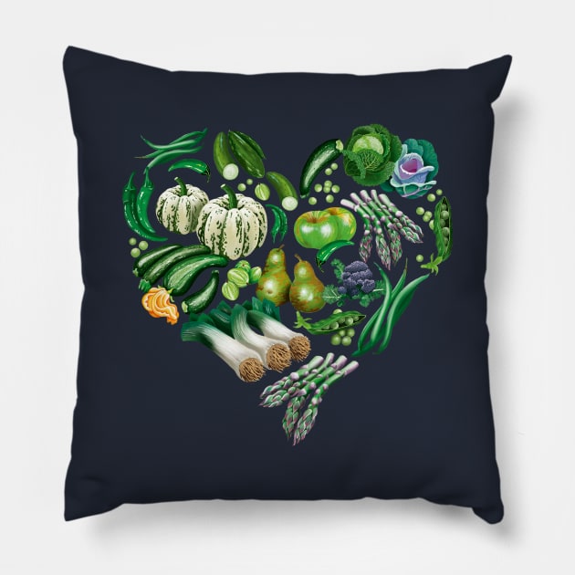Green fruit and veg heart Pillow by Zoe's Garden Prints