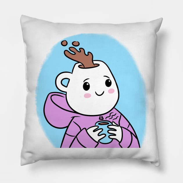 Cute mug head girl with a coffee mug on her hand Pillow by CintiaSand