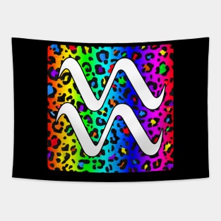 Aquarius Zodiac Horoscope Rainbow Leopard Print Square Monogram Tapestry