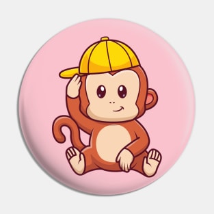 Cute Monkey Sitting With Hat Cartoon Pin