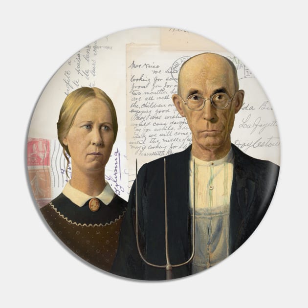 American Gothic Plain Couple on Antique Postcard Collage Pin by missdebi27