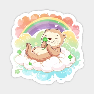 Kawaii sea Otters holding a four-leaf clover in St. Patrick's Day Celebration rainbow Magnet