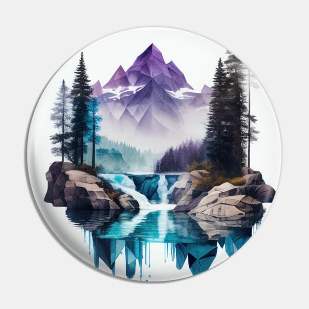 Majestic Purple Mountains with Blue Lake Waterfall Pin by The Art Mage