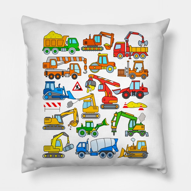 Kids Excavator and Construction Vehicle Design Pillow by samshirts