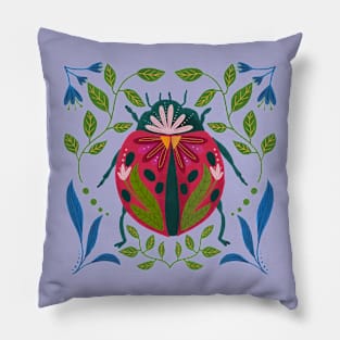 Whimsical Ladybug Insect Art with Flowers and Leaves Pillow